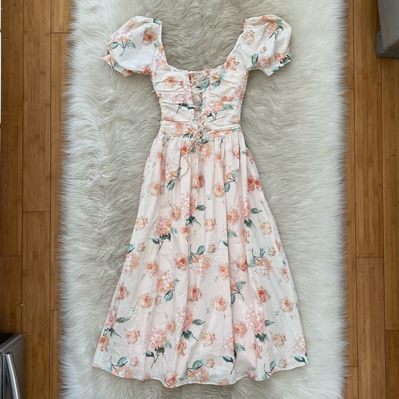 House of CB Lulabell Peach Floral Cotton Puff Sleeve Midi Dress Corset Back A-C - Picture 9 of 15